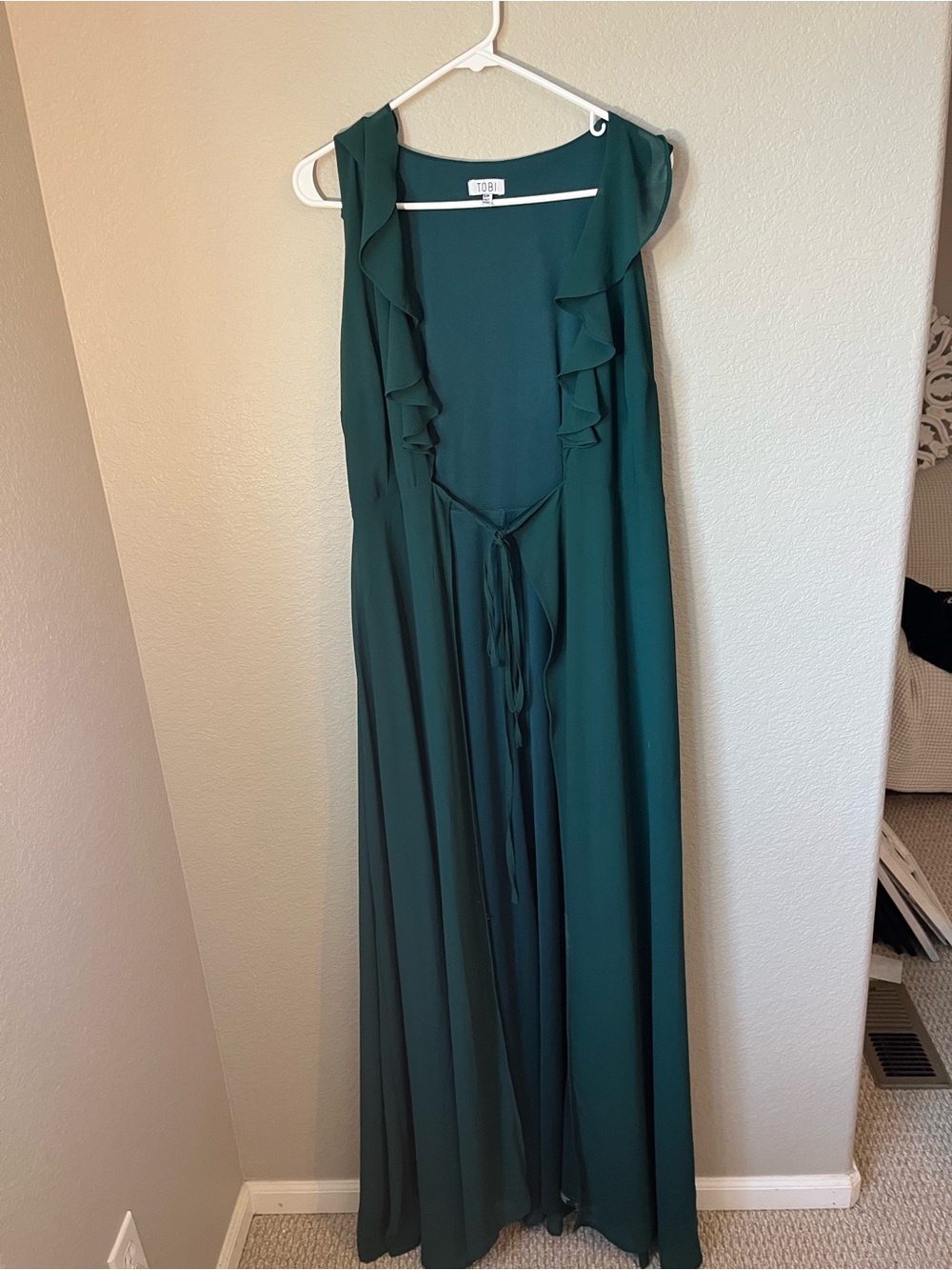 TOBI Emerald Green Ruffle Duster Maxi Vest Small Sheer Open Front Boho Festival